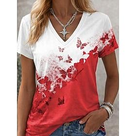 Women's T Shirt Color Block Print Graphic Animal Abstract Vintage Stylish Classic Short Sleeve V Neck Regular Tops Daily Weekend Blue Black and Red White Red S