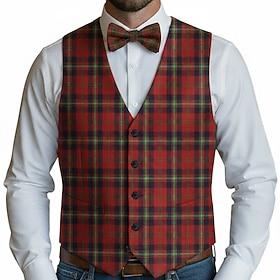 Men's Vest Waistcoat Vacation Party Fashion Fall Winter Pocket Buttons Polyester Comfortable Plaid Single Breasted Four-button V-Neck Regular Fit Dark Red Red