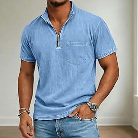 Men's T Shirt 100% Cotton Acid Wash Shirt Short Sleeve Quarter Zip Summer Spring Fall Plain Retro Vintage Casual Vintage Style Garment Dyed Washed Casual Black
