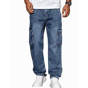 Men's Cargo Pants Trousers Casual Pants Acid Wash Pants Multi Pocket Straight Leg Plain Comfort Full Length Casual Daily Outdoor Fashion Streetwear Blue Black