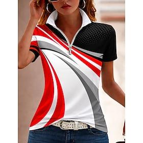 Women's T Shirt Zipper Quarter Zip Graphic Geometric Color Block Vintage Tropical Hawaiian Short Sleeve High Neck Regular Tops Beach Wedding Daily Sports Blue