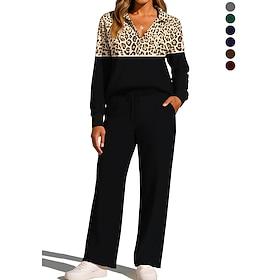 Women's Sweatshirt Tracksuit Sweatpants Drawstring Pocket Leopard Jacket and Sweatpants Athletic Clothing Set Loungewear Summer Spring Fall Winter Red Brown Bl
