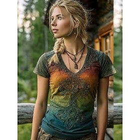 Women's T Shirt Print Ombre Graphic Graffiti Bohemia Vintage Casual Short Sleeve V Neck Regular Tops Daily Green Summer Spring