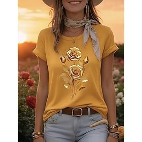 Women's T Shirt Print Floral Graphic Stylish Classic Casual Short Sleeve Crew Neck Round Neck Regular Tops Daily White Yellow Pink Purple Summer Spring