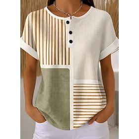 Women's Waffle Textured Knit Tops T Shirt Color Block Ombre Graphic Geometry Stylish Classic Short Sleeve Crew Neck Round Neck Regular Tops Daily Sports Light