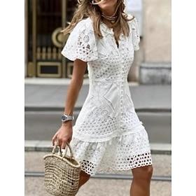 Women's Knee Length Dress Lace Dress White Dress Casual Dress Elegant Fashion Modern Outdoor Vacation Going out Regular Fit Plain Short Sleeve V Neck White Sum