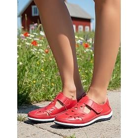 Women's Red Hollow-out Wide Fit Casual Shoes – Breathable Magic Tape Shoes for Daily, Outdoor and Travel Wear