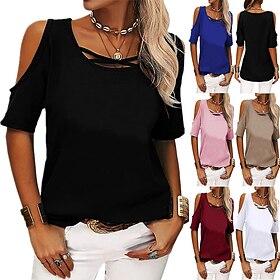 Women's Cold Shoulder Tops T Shirt Tee Top Patchwork Solid Color Fashion Classic Casual Short Sleeve Crew Neck Regular Tops Daily Going out Weekend Black White