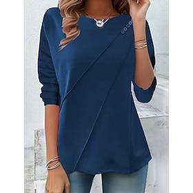 Women's T shirt Long Sleeve Solid Color Stylish Casual Long Sleeve Crew Neck Regular Tops Daily Buttons Black Yellow Red Blue  Spring Prefall