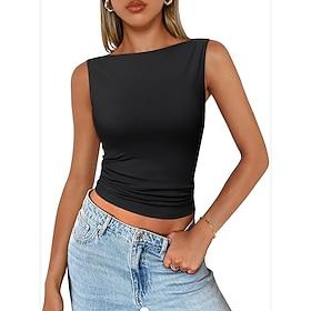 Women's Tank Top Sleeveless Shirt Tee Top Solid Color Vintage Fashion Stylish Sleeveless Boat Neck Regular Tops Daily Going out Weekend Dark Brown Black Army G