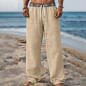 Men's Linen Pants Trousers Summer Pants Beach Pants Drawstring Patchwork Elastic Waist Geometric Comfort Breathable Full Length Casual Daily Holiday Vacation F