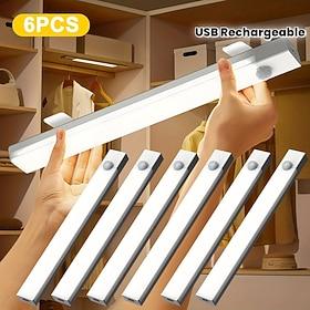 6 Pcs Magnetic Smart Motion Sensor USB Rechargeable Cabinet Lights, 3-Color Dimmable, 3 Lighting Modes, LED Strip Lights for Indoor, Bedroom, Hallway, Bathroom