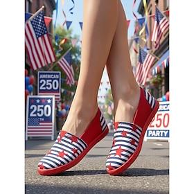 Women's USA 250 Patriotic Flats - Comfortable Blue and White Striped Knit Shoes with Star Detail for American Independence Day, Parades Summer Holiday Wear