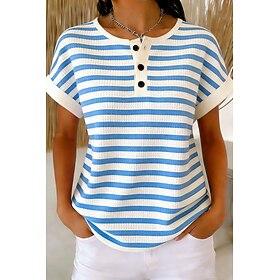 Women's Waffle T Shirt Print Striped Graphic Striped Vintage Stylish Classic Short Sleeve Crew Neck Regular Tops Daily Blue Black Green Gray Summer Spring
