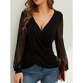 Women's Shirt Blouse Lace Tops Long Sleeve Tops Lace Plain Stylish Classic Modern Long Sleeve V Neck Regular Tops Daily Holiday Going out Black Summer Spring