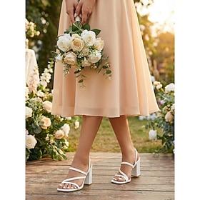 Women's White Block Heel Sandals - Elegant Bridesmaid Shoes for Garden Wedding, Outdoor Ceremony, Comfortable Summer Heels