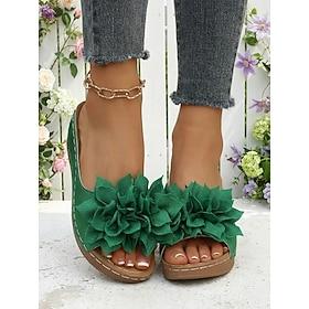 Women's Green Wedge Slide Sandals with Flower Accent – Comfortable Open Toe Summer Shoes for Casual, Daily and Garden Wear