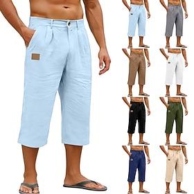 Men's Linen Pants Trousers Capri Pants Summer Pants Baggy Pants Pocket Elastic Waist Plain Comfort Breathable Calf-Length Daily Outdoor Beach Fashion Classic S