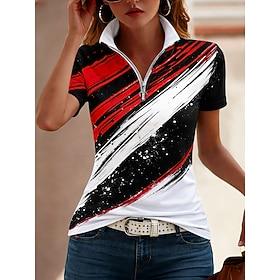Women's T Shirt Zipper Quarter Zip Graphic Geometric Color Block Tropical Hawaiian Stylish Short Sleeve High Neck Regular Tops Beach Wedding Daily Sports Pink