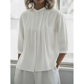 Women's Shirt Button Down Shirt Casual Shirt Blouse Pleated Buttons Solid Color Plain Stylish Classic Modern Long Sleeve Stand Collar Regular Tops Daily Holida