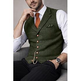 Men's Tweed Vest Waistcoat Notch lapel Fashion Spring Six-Buttons Vintage Comfortable Plain Single Breasted V Neck Regular Fit Green Khaki Blue Light Grey Dark