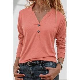 Women's T Shirt Tee Button Front Plain Vintage Stylish Casual Long Sleeve V Neck Regular Tops Daily Going out Blue Black White Plum Orange Spring
