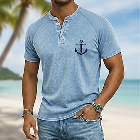 Men's Anchor Vintage Cotton Shirt Henley Top Acid Wash Shirt Short Sleeve Vintage Designer Casual Casual Daily Outdoor Summer Spring All Seasons Light Blue Pur