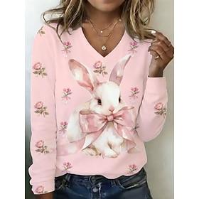 Easter Women's T Shirt Print Graphic Animal Geometric Fashion Stylish Classic Long Sleeve V Neck Regular Tops Daily Weekend Black Pink Summer Spring Fall