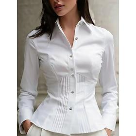 Women's Shirt Blouse Ruched Patchwork Buttons Plain Elegant Stylish Modern Long Sleeve Shirt Collar Regular Tops Daily Holiday Going out White Summer Spring