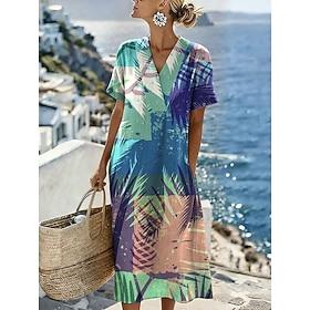 Women's Midi Dress Sundress Casual Dress Vacation Casual Beach Beach Party Loose Fit Graphic Leaf Geometric Short Sleeve V Neck Blue Yellow Purple Green Summer