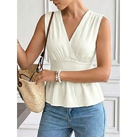 Women's Tank Top Ruched Plain Elegant Fashion Stylish Sleeveless Short Sleeve V Neck Regular Tops Daily Going out Weekend Apricot Summer Spring