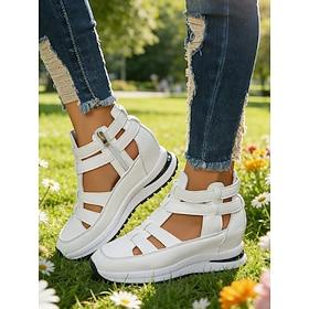 Women's White Cutout Wedge Sandals, Hidden Heel Casual Walking Shoes with Zipper for Outdoor Walking, Travel Everyday Wear