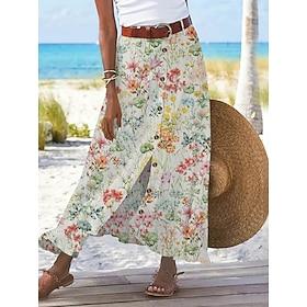 Women's Vacation Skirt Fashion Casual Maxi High Waist Skirts Floral Letter Print Inelastic Daily Street White Yellow Pink Summer Polyester