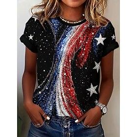 American Independence Day Women's T Shirt Print Graphic Letter Vintage Stylish Classic Short Sleeve Crew Neck Regular Tops Daily Black Summer Spring
