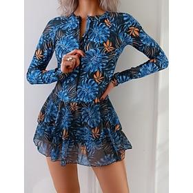 Women's Swimwear Tankini 2 Piece Shorts Swimsuit Zip Up Tummy Control High Waist Slim Vacation Beach Wear Floral Round Neck Sleeveless Long Sleeve Bathing Suit