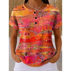 Women's Waffle T Shirt Color Block Print Graphic Geometric Vintage Stylish Classic Short Sleeve Crew Neck Regular Tops Daily Black and White Black White Yellow