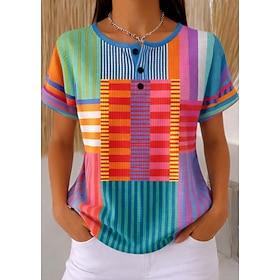 Women's Waffle Textured Knit Tops T Shirt Color Block Graphic Geometric Stylish Classic Short Sleeve Crew Neck Round Neck Regular Tops Daily Sports Black and W
