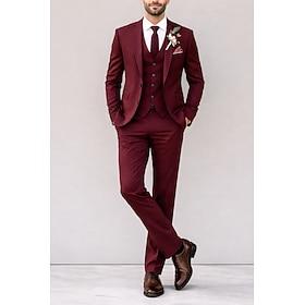 Men's Tuxedos Suits Beach Wedding Spring Wedding Black Burgundy Spring  Summer Suit Notch Lapel Solid Colored Standard Fit 3 Piece Single Breasted Two-buttons
