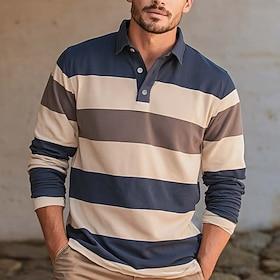 Men's Horizontal Stripes Rugby Polo Long Sleeve Polo Shirts Collared Shirts Sportswear Casual Outdoor School Athleisure 3D Print Spring Fall Winter Blue Sky Bl