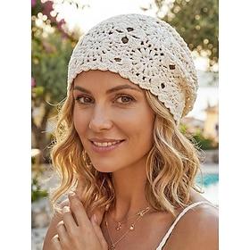 Women's Boho Floral Crochet Beanie Hat Cotton Blend Knit Cap in Multiple Colors for Casual Daily Wear, Travel Vacation  Beach Resort Styling