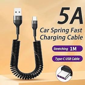 2 Pack 5A Coiled USB C Cable for Car, USB A to Type C Spring Fast Charging Cable Stretching 1M/3.3ft, Spiral Data Cord for Android Auto, Samsung Galaxy S24 S23