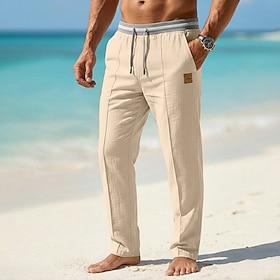 Men's Linen Pants Summer Pants Baggy Pants Drawstring Elastic Waist Straight Leg Plain Comfort Breathable Full Length Casual Daily Beach Vacation Fashion Blue