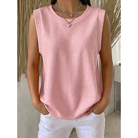 Dame Vaffel Tank Top T-shirt T-Shirts Mode Basale Klassisk Uden ærmer Rund hals Almindelige toppe Afslappet Strand Weekend Blå Hvid Gul Lyserød Orange Sommer F
