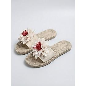 Women's Boho Floral Straw Slides - Natural Jute Style Flat Sandals with 3D Flower Decor for Beach Vacations, Summer Holidays Poolside Parties