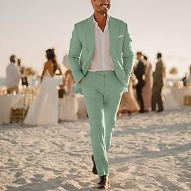 Men's Linen Suits Beach Wedding White Sky Blue Spring  Summer Suit Peaked Lapel Formal Solid Colored Slim Fit 2 Piece Single Breasted Two-buttons