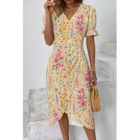 Women's Knee Length Dress Summer Dress Ruffle Dress Bodycon Dress Party Regular Fit Floral Graphic Short Sleeve V Neck Blue Yellow Pink Summer Spring