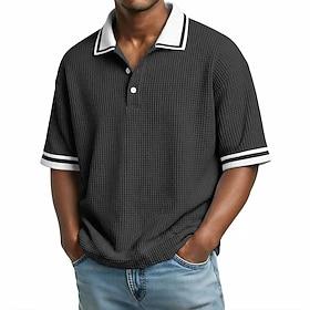 Herre Vaffel poloskjorter Afslappet Ferie Aftæpning Kortærmet Basale Moderne Farveblok Med Tekstur Farveblok Knapper Sommer Forår Alle årstider Regulær Blå Sor