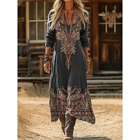 Women's Maxi Dress Sundress Summer Dress Vacation Casual Boho Daily Loose Fit Graphic Color Block Long Sleeve V Neck Blue Black Wine Spring Autumn
