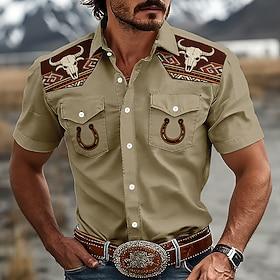 Men's Cow Print Ethnic Horseshoe Western Shirt Button Up Shirt Cowboy Shirt Short Sleeve Western Vintage Retro Casual Outdoor WorkWear Summer Spring Turndown 3
