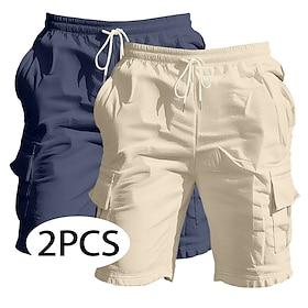 Men's Cargo Shorts Linen Shorts Summer Shorts Beach Shorts Drawstring Elastic Waist Multi Pocket Plain Comfort Breathable Knee Length Daily Outdoor Beach Vacat